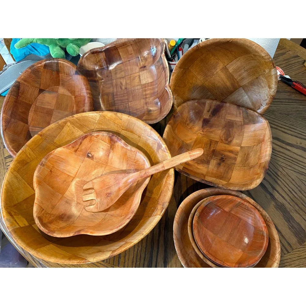 Vintage Woven Wood Salad Bowl Set MCM Serving Bowls & Fork 9 Piece Parquet Brown